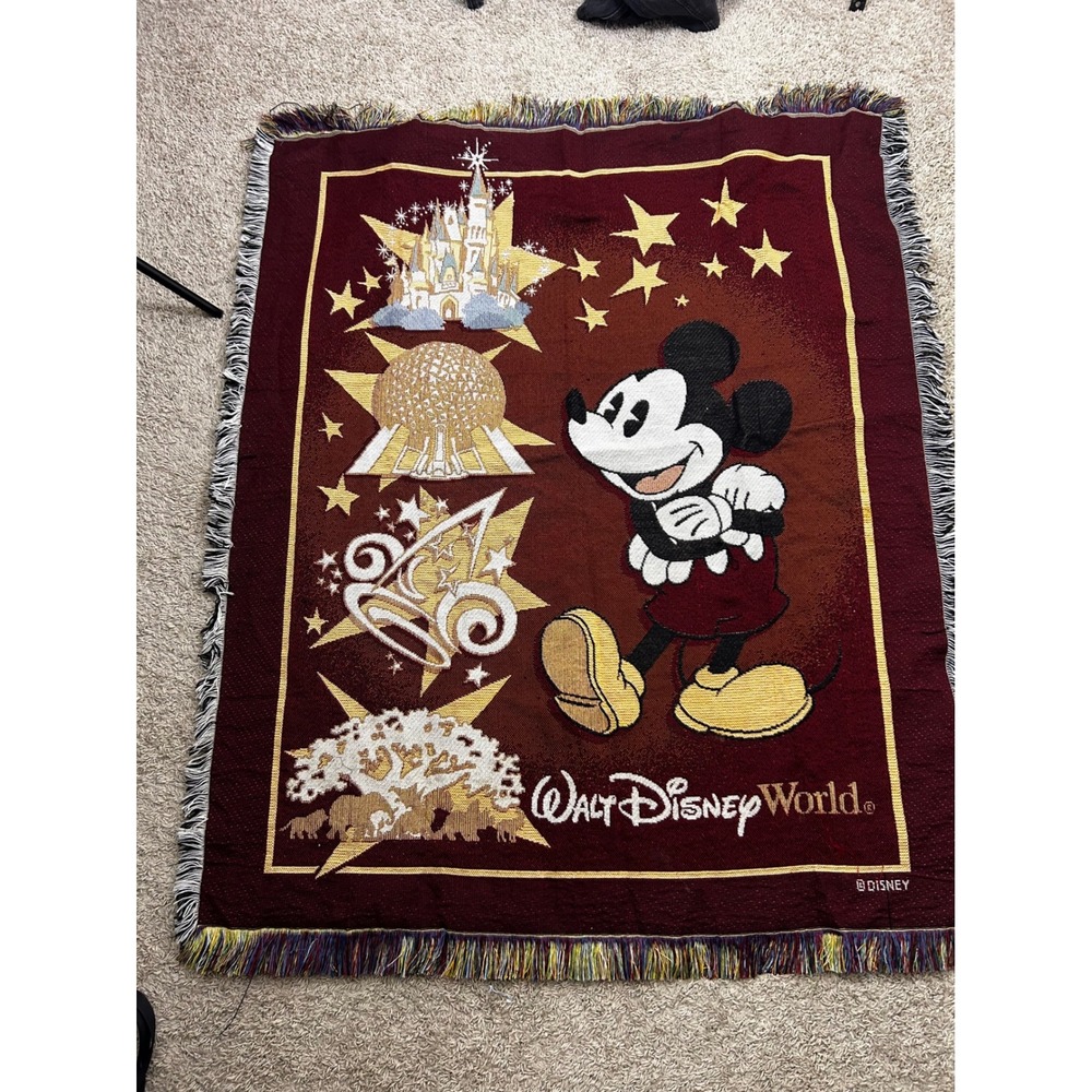 Walt Disney World Mickey Mouse Four Parks Woven Tapestry Throw Blanket Burgundy